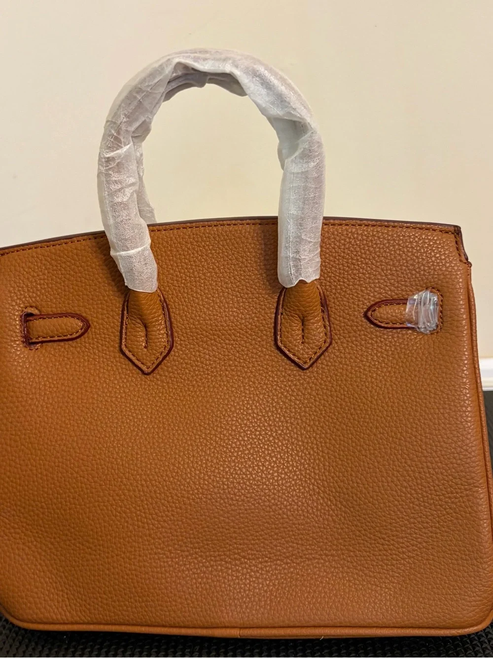 Brown/Tan Real Leather Top-Handle Bag with Gold Hardware
